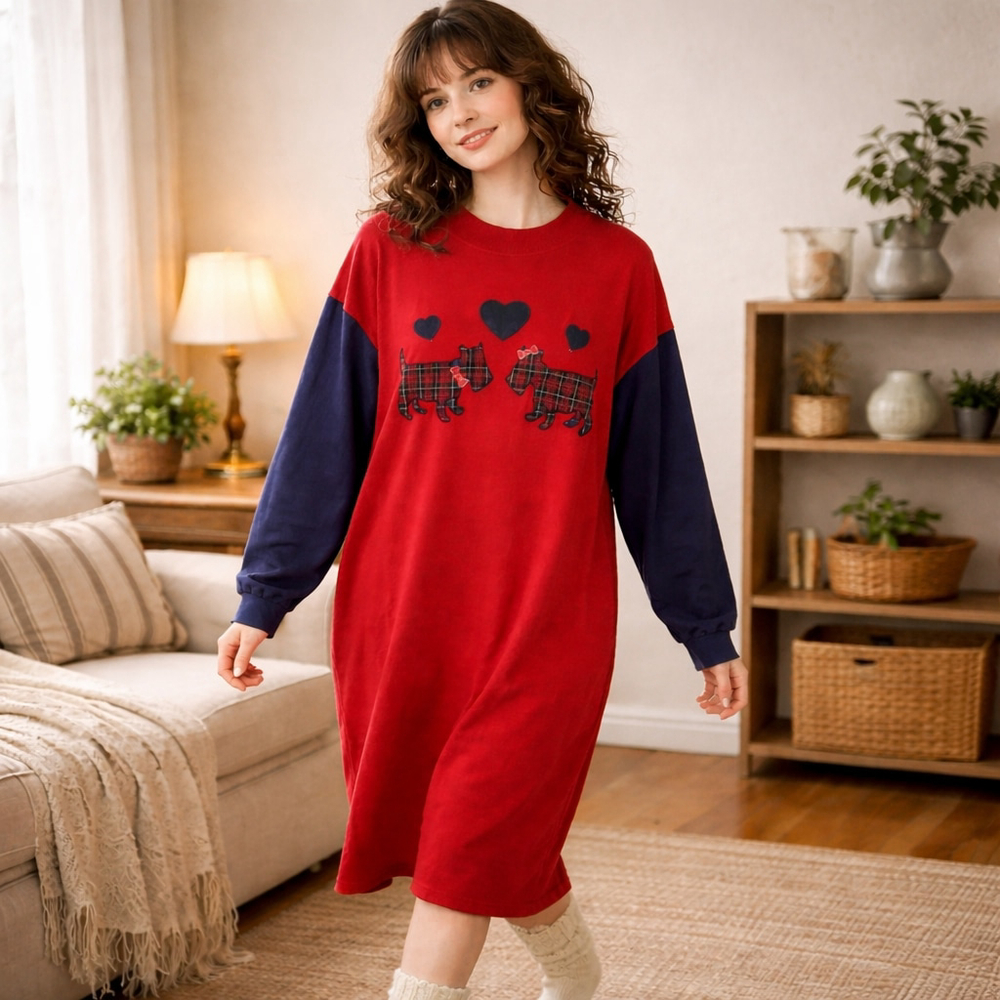 Whispers Vintage Scottie Dog Heart Nightgown Red Navy Long Sleeve Plaid 90s M